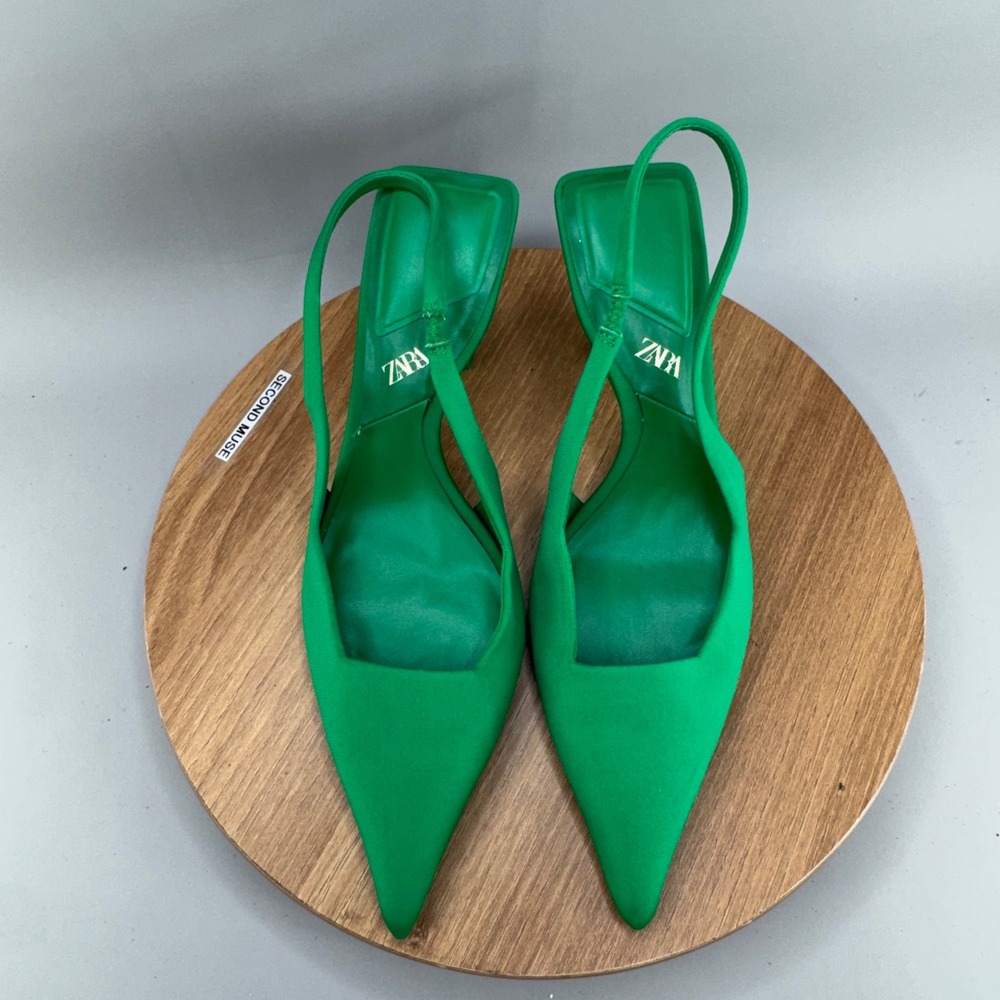 Zara Green Slingback Pointed Toe Heels Size 37 Vibrant Chic Modern Pumps - Picture 5 of 9